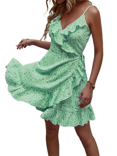 ditsy floral ruffle trim wrap knot side cami dress l6xr#, Black;gray